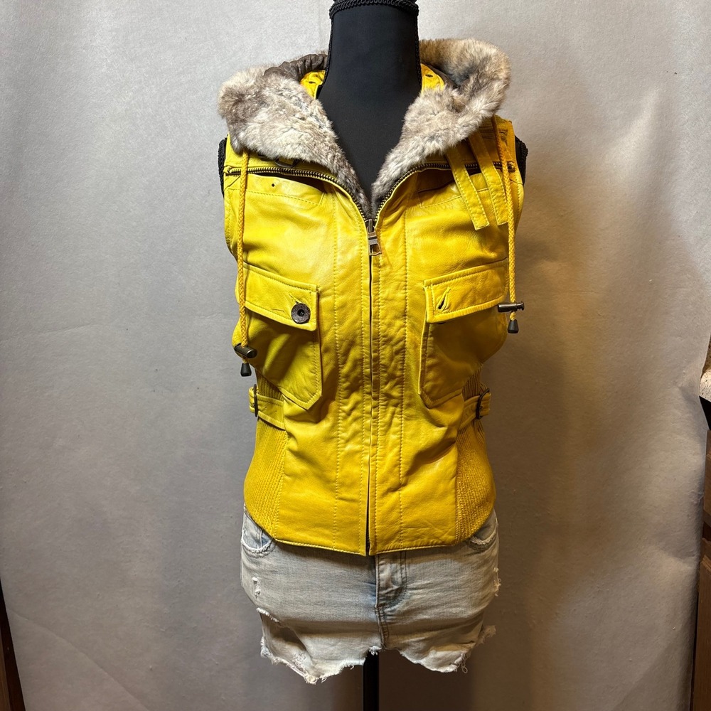 June Yellow Leather Vest Faux Fur Hood Moto Biker Utility Cargo XS